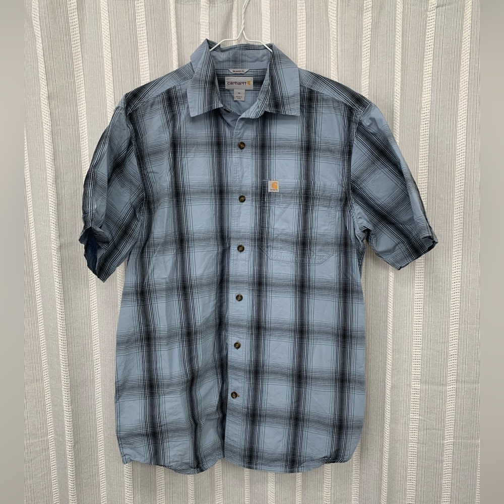 Carhartt Short Sleeve Button Down Blue Plaid Shirt‎ Relaxed Fit Size M - EUC